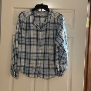 LOFT Blue and Gray Plaid Relaxed Button-Down Blouse